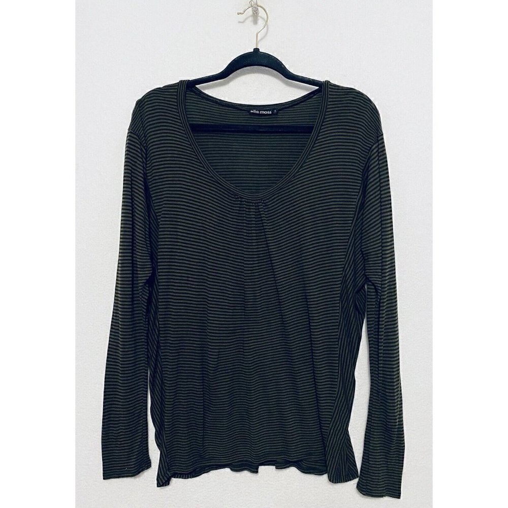 Ella Moss Top Womens Large Striped  Scoop Neck Long Sleeve Green Brown Boho